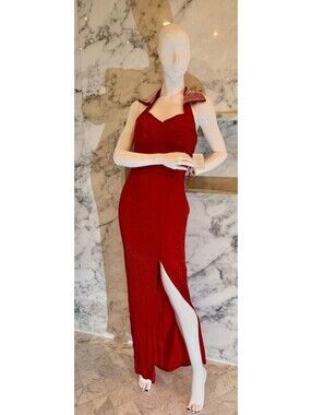 Alyce Designs Red Beaded Vintage Size 6 Pearl Collar Open Back Prom Dress